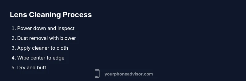 Process infographic showing steps to clean a phone camera lens