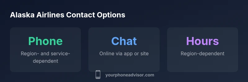 Infographic showing Alaska Airlines contact options: phone, chat, and hours by region.