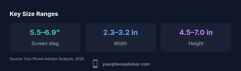 Infographic showing screen diagonal, width, and height ranges for typical smartphones